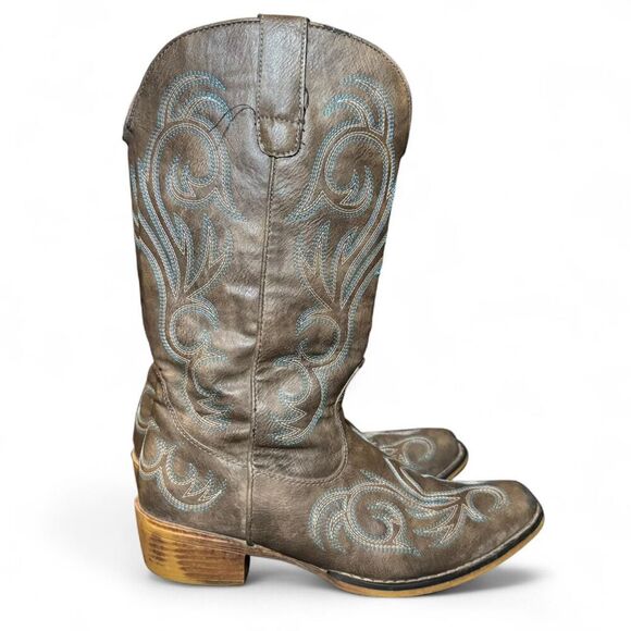 Roper Women’s Size 8.5 Western Cowboy Boots Gray Blue Stitching Square Toe All M - Picture 2 of 8